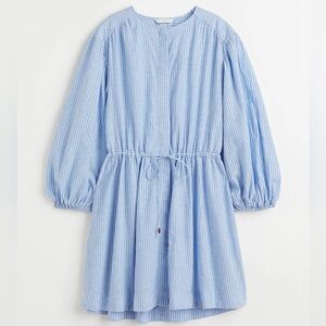 H&M Women’s Short Linen-Blend Dress With Blue and White Stripes